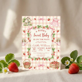 Strawberry bow baby shower First Berry Sweet 招待状