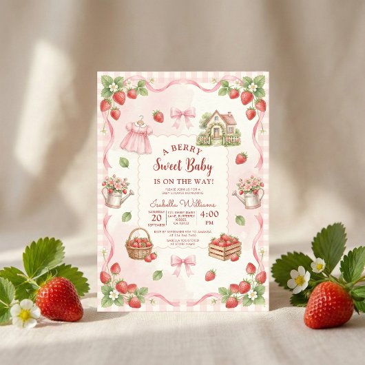 Strawberry bow baby shower First Berry Sweet 招待状