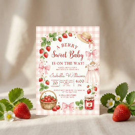 Strawberry bow baby shower First Berry Sweet 招待状