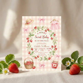 Strawberry bow baby shower First Berry Sweet 招待状