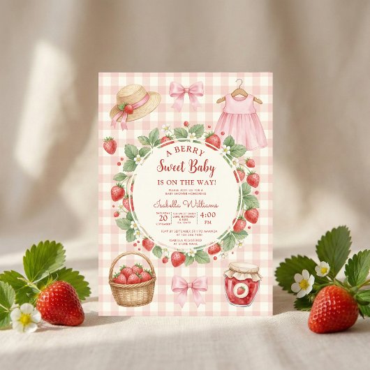 Strawberry bow baby shower First Berry Sweet 招待状