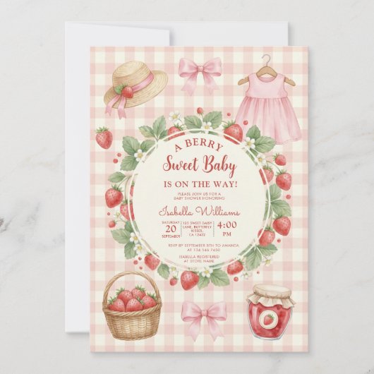 Strawberry bow baby shower First Berry Sweet 招待状 (正面)