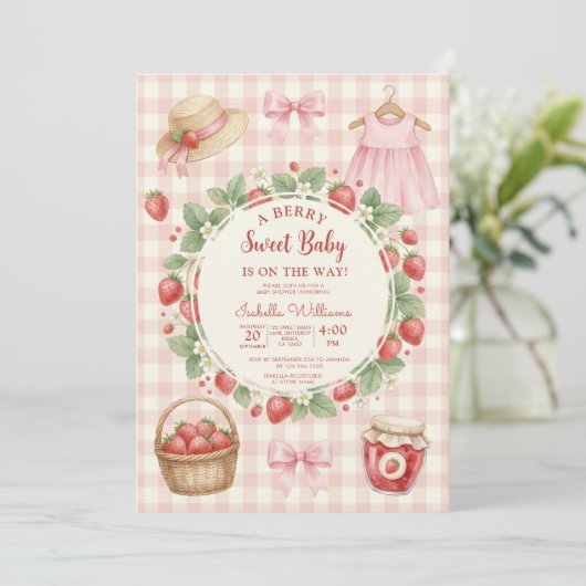 Strawberry bow baby shower First Berry Sweet 招待状 (スタンド正面)