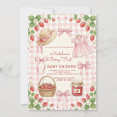 Strawberry bow baby shower First Berry Sweet 招待状 (正面)