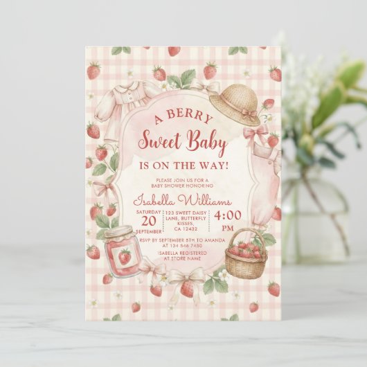 Strawberry bow baby shower First Berry Sweet 招待状 (スタンド正面)