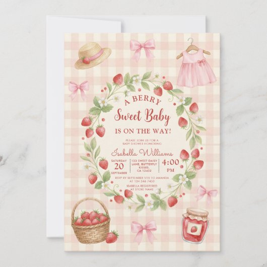 Strawberry bow baby shower First Berry Sweet 招待状 (正面)