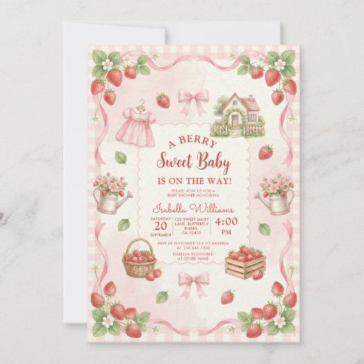 Strawberry bow baby shower First Berry Sweet 招待状 (正面)