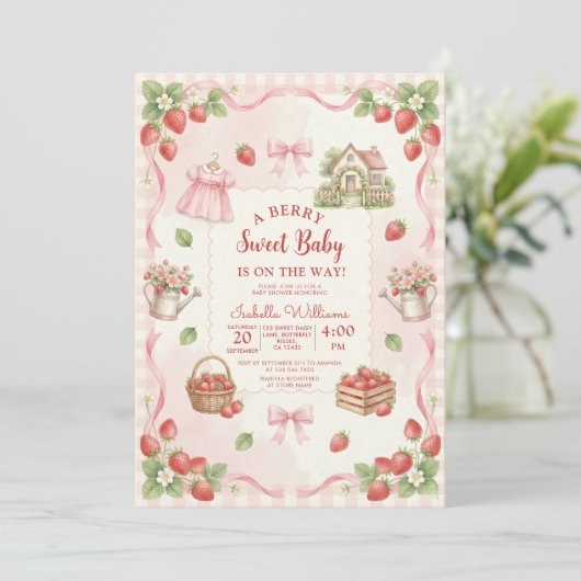 Strawberry bow baby shower First Berry Sweet 招待状 (スタンド正面)