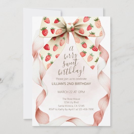 Strawberry Bow Berry Sweet Second Birthday  招待状 (正面)
