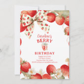 Strawberry Bow Girls Berry First Birthday 招待状 (正面)