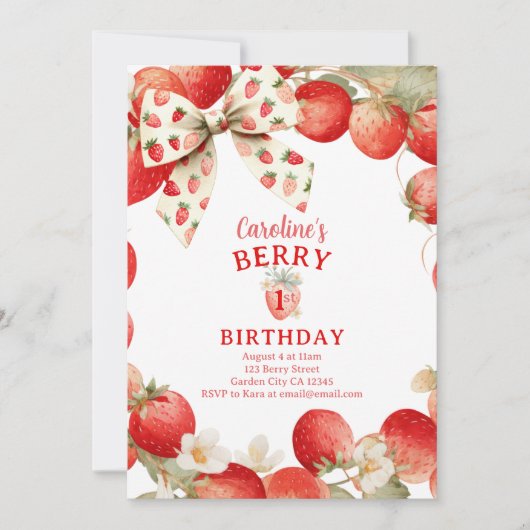 Strawberry Bow Girls Berry First Birthday 招待状 (正面)