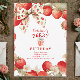 Strawberry Bow Girls Berry First Birthday 招待状