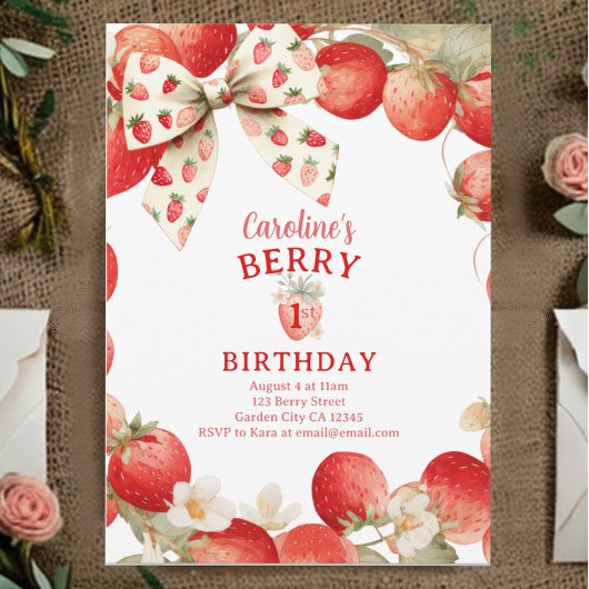 Strawberry Bow Girls Berry First Birthday 招待状