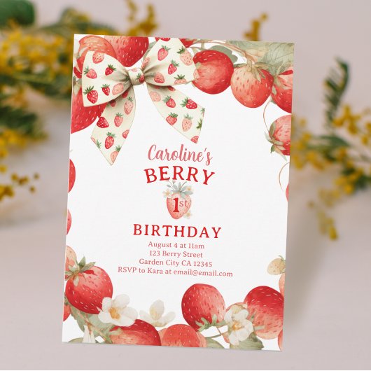 Strawberry Bow Girls Berry First Birthday 招待状