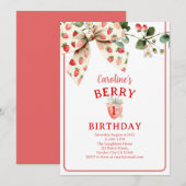 Strawberry Bow Girls First Birthday 招待状 (正面/裏面)