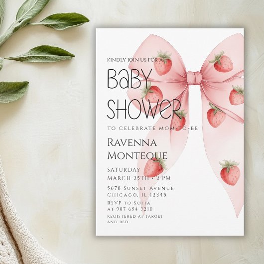 Strawberry Bow Luxury Personalized Baby Shower 招待状