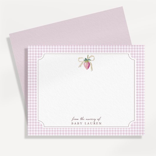 Strawberry Bow Pink Gingham Personalized Note Card 招待状