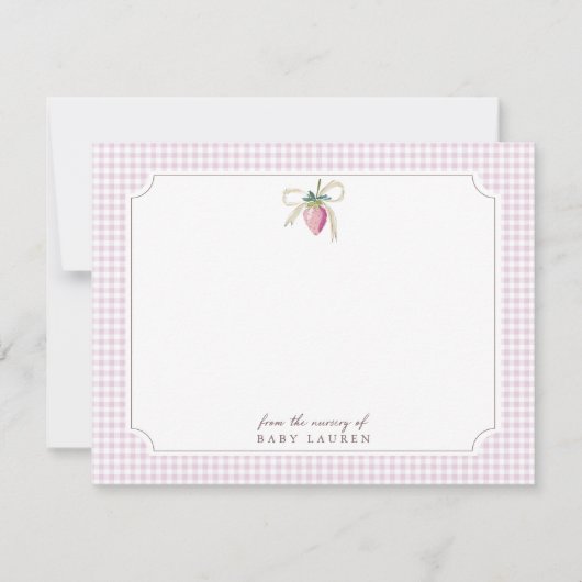 Strawberry Bow Pink Gingham Personalized Note Card 招待状 (正面)