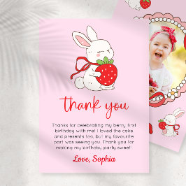 Strawberry Bunny 1st Birthday Photo Thank You Card 招待状