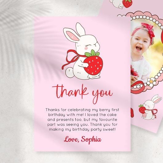 Strawberry Bunny 1st Birthday Photo Thank You Card 招待状