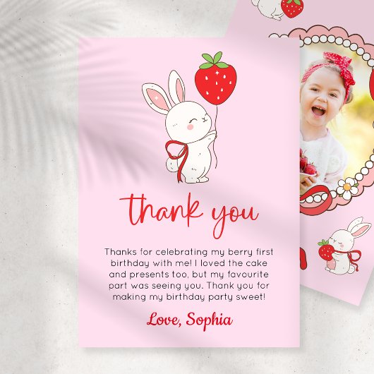 Strawberry Bunny Birthday Photo Thank You Card 招待状