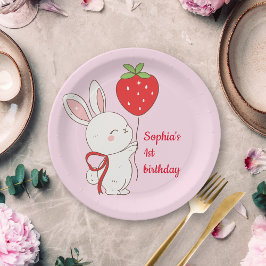 Strawberry Bunny Birthday Pink ペーパープレート