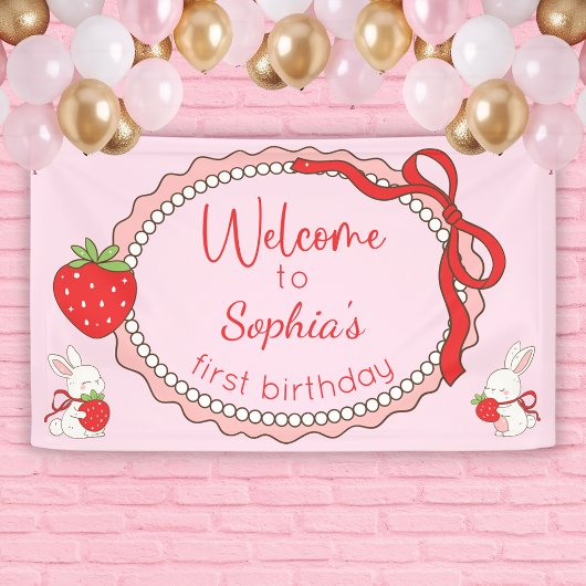 Strawberry Bunny Birthday Welcome Sign Banner 横断幕