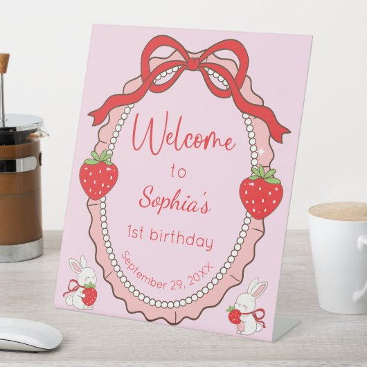 Strawberry Bunny Pink Frame Welcome Birthday 台座サイン (インサイチュ)