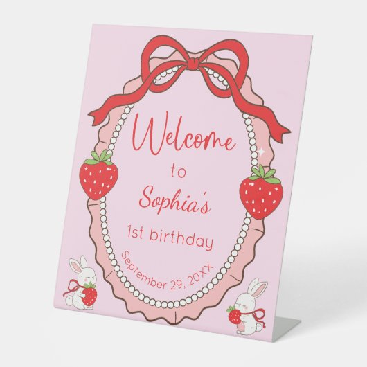 Strawberry Bunny Pink Frame Welcome Birthday 台座サイン (正面)