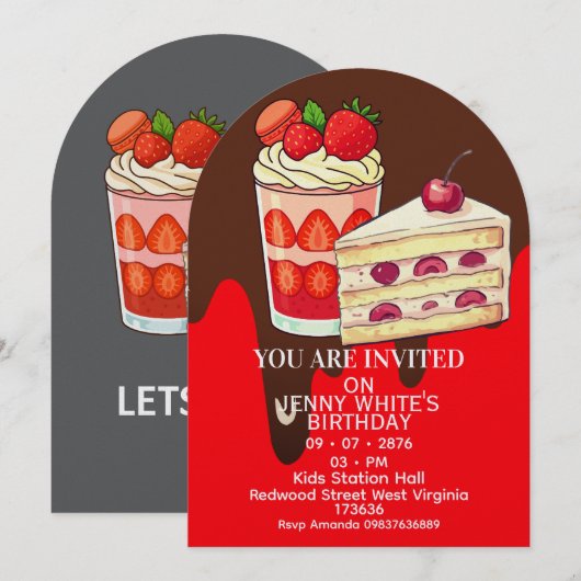Strawberry  Cake Themed Birthday Invitation  招待状 (正面/裏面)