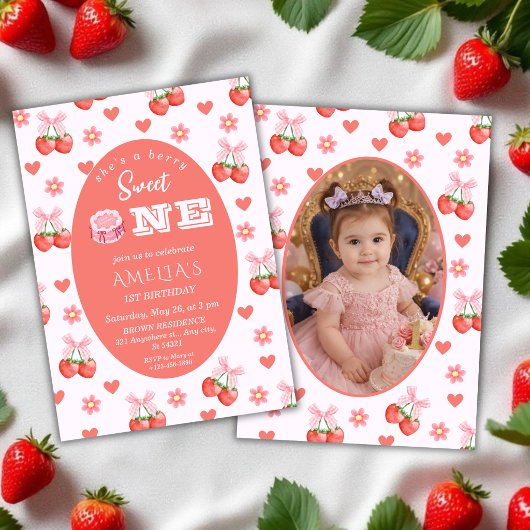 Strawberry & Cherry Floral 1st Birthday with photo 招待状
