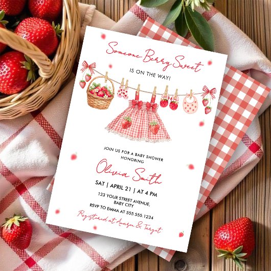 Strawberry Clothesline Berry Sweet Baby Invitation 招待状
