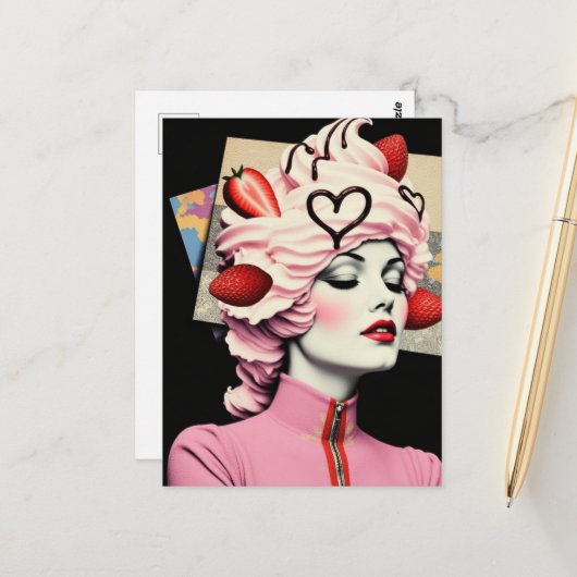 Strawberry Dessert Woman Mixed Media Collage ポストカード (正面/裏面インサイチュ)