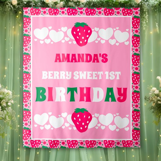Strawberry First Birthday Backdrops Banner タペストリー
