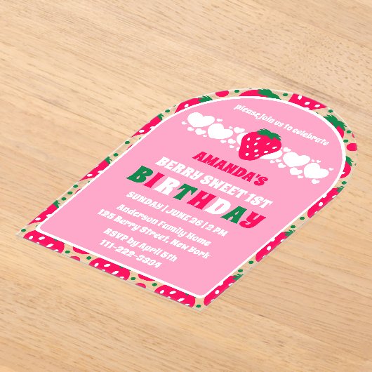 Strawberry First Birthday Celebration Arch アクリル招待状 (レイダウン)