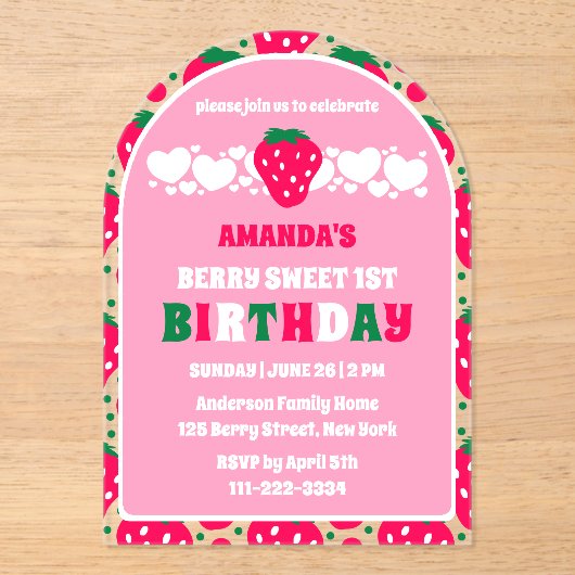 Strawberry First Birthday Celebration Arch アクリル招待状 (正面)