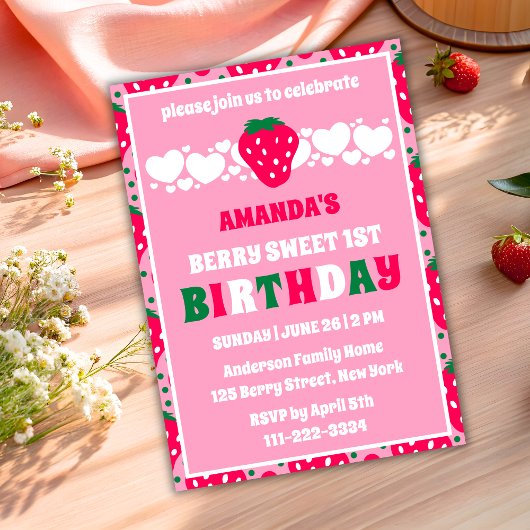 Strawberry First Birthday Celebration Invitation 招待状