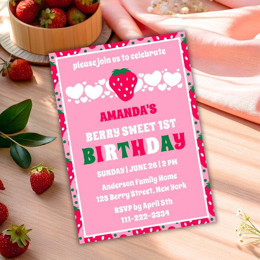 Strawberry First Birthday Celebration Invitation 招待状