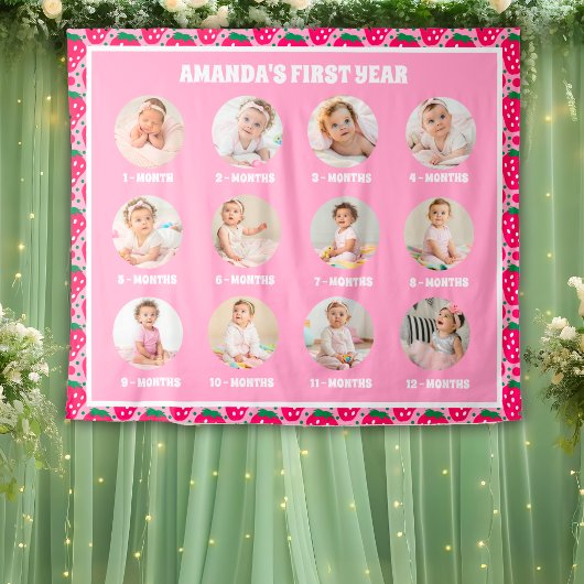 Strawberry First Birthday Celebration Milestone タペストリー