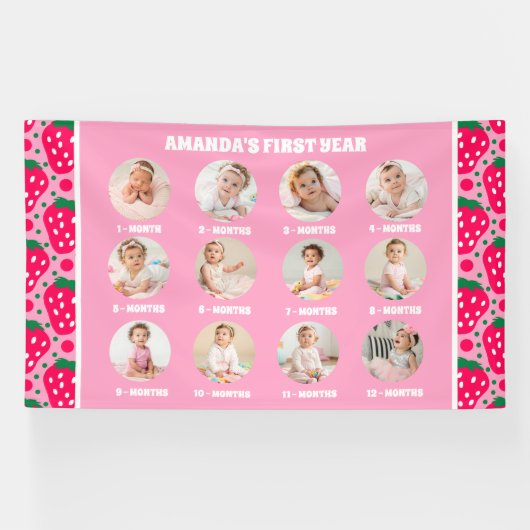 Strawberry First Birthday Celebration Milestone 横断幕 (横)