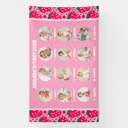 Strawberry First Birthday Celebration Milestone 横断幕 (縦)