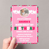 Strawberry First Birthday Celebration Photo アクリル招待状 (インサイチュ (ポータブル))