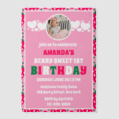 Strawberry First Birthday Celebration Photo ベラム紙招待状 (正面)