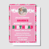 Strawberry First Birthday Celebration Photo ベラム紙招待状 (オフセット)