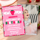 Strawberry First Birthday Celebration Photo 招待状