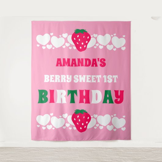 Strawberry First Birthday Fabric Banner タペストリー (正面)