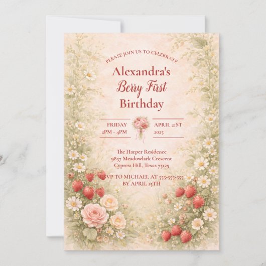 Strawberry First Birthday Garden Party 1st Birthda 招待状 (正面)