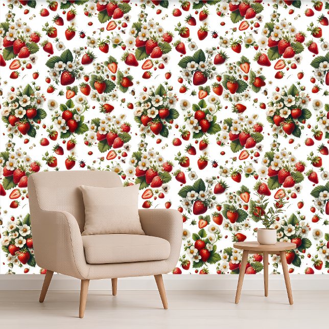 Strawberry Floral Botanical Cottage Wallpaper 壁紙 (Strawberry Floral Botanical Cottage Wallpaper)