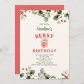 Strawberry Floral First Girls Birthday 招待状 (正面/裏面)