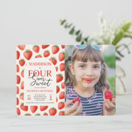 Strawberry Four Ever Sweet 4th Birthday Photo 招待状